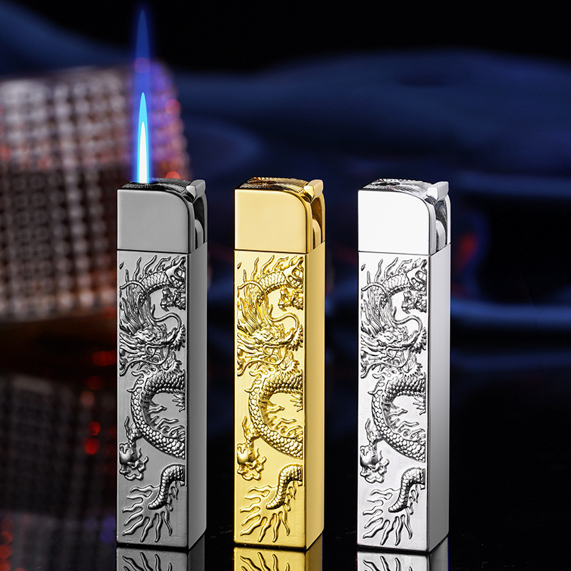 Embossed Dragon Lighter Metal Windproof Blue Flame Butane Lighter