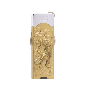 Embossed tiger sticker leather eagle with light butane gas lighter grinding wheel torch lighter