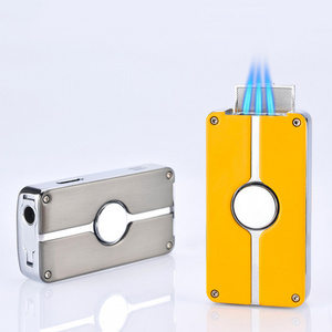 Business Style triple flame lighter with Cigar Cutter jet torch lighter Windproof Cigar Lighter