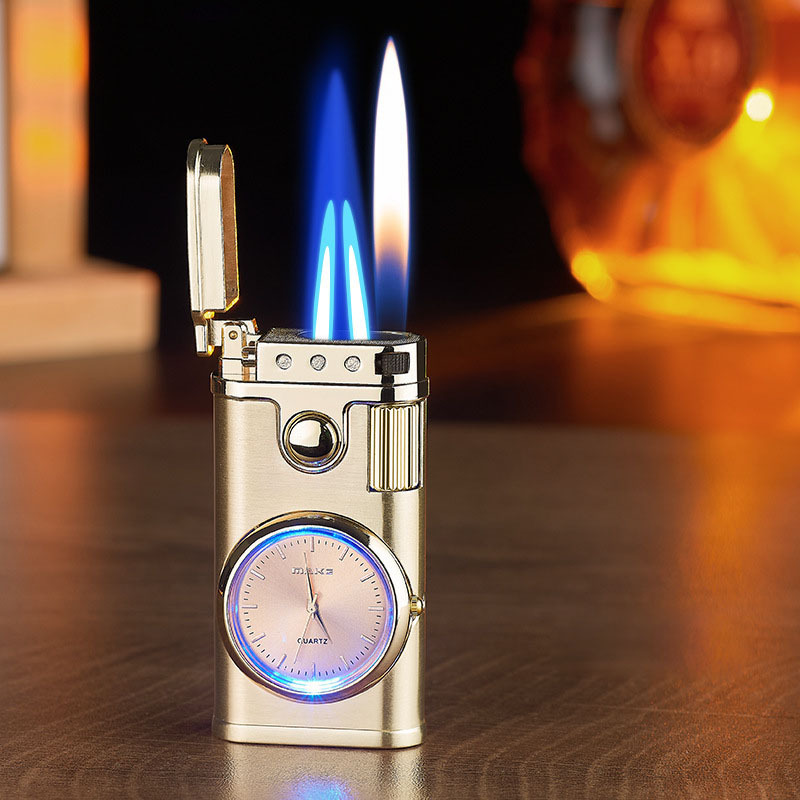 Three fire windproof quartz watch lighter dual blue flame and open flame gas lighter