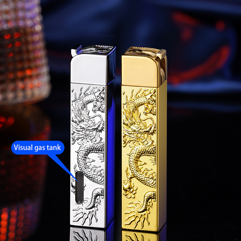 Embossed Dragon Lighter Metal Windproof Blue Flame Butane Lighter