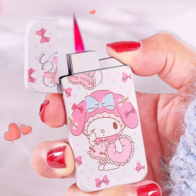 Wholesale Cartoon White Melody Kulomi Pink Hello Kitty Lighter Windproof Pink Flame Torch Lighter for Women