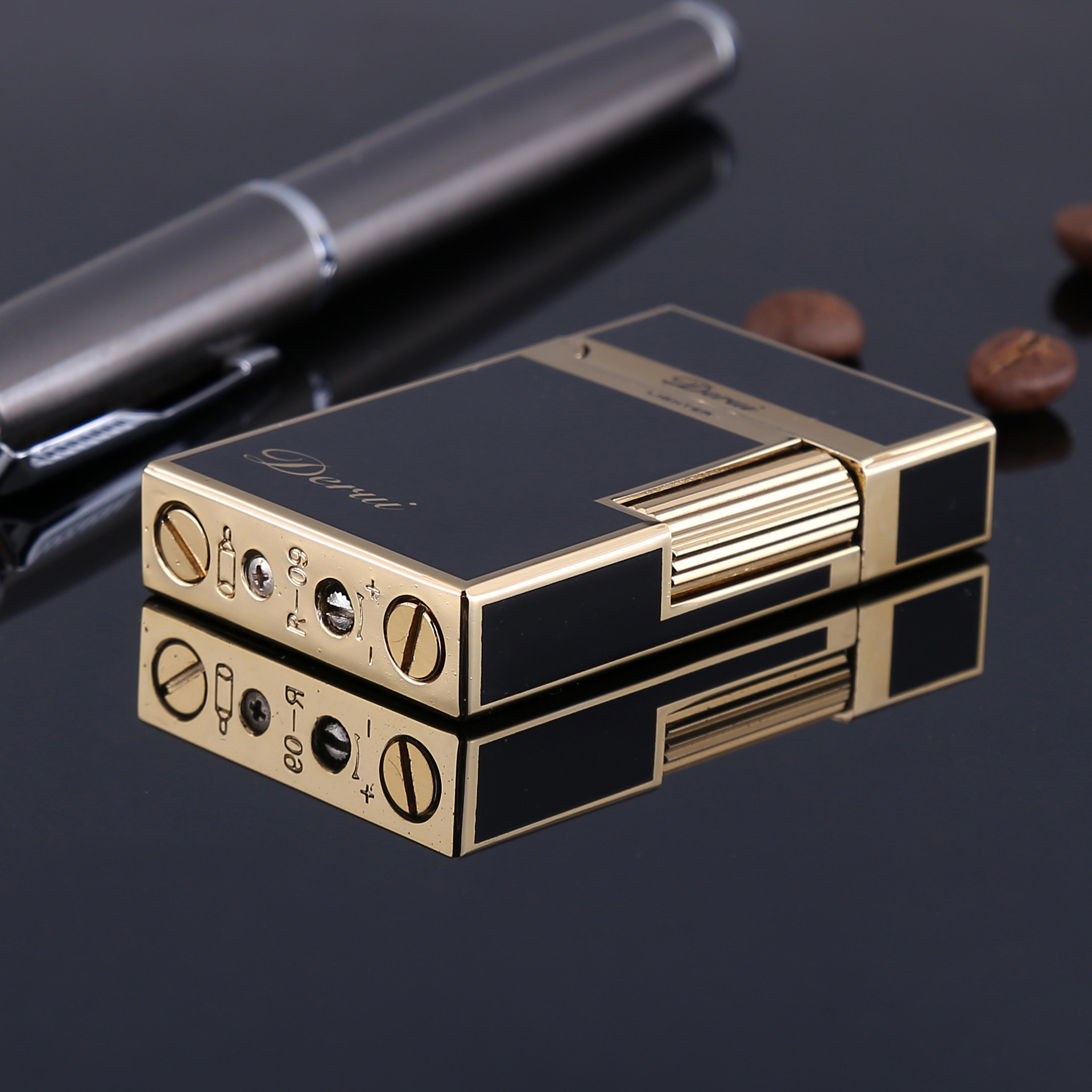 Derui lighter loud sound butane gas side sliding open flame lighter pure copper inflatable lighter cigarette