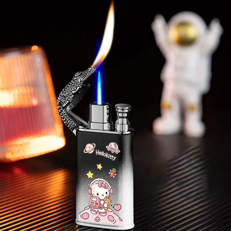 Crocodile Lighter Cartoon Printing Hello Kitty Kuromi Dual Flame Butane Gas Cigarette Lighter