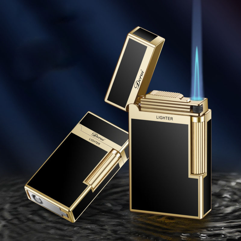 Derui Lighter Loud Sound Butane Gas Side Sliding Blue Flame Windproof Lighter Pure Copper Cigar Lighter