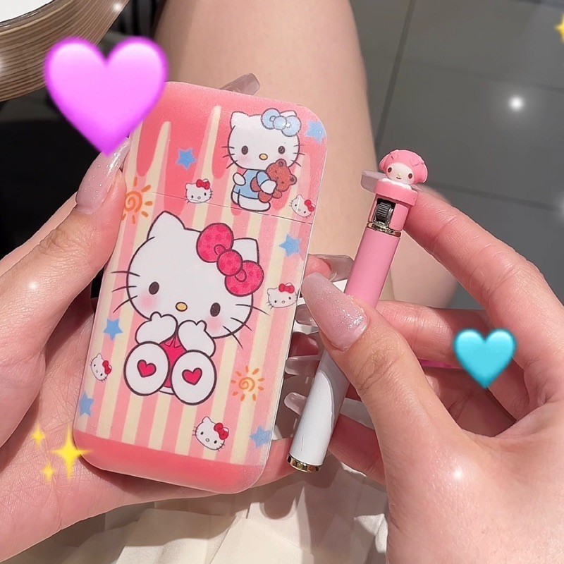 Cute Hello Kitty Cigarette Case And Lighter Set Open Flame Butane Gas Kuromi Lighter