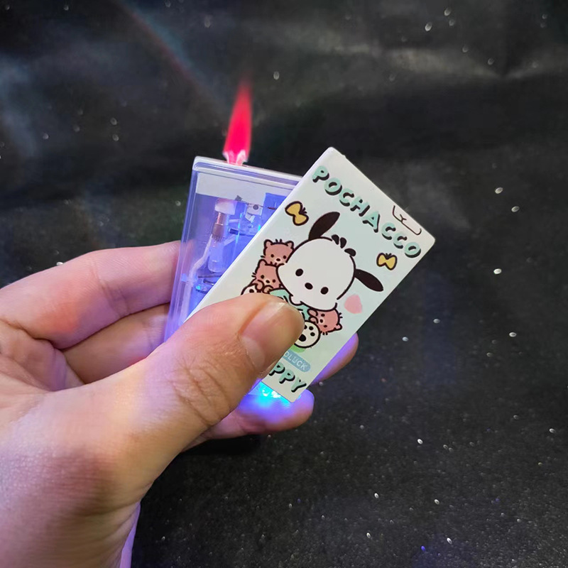 Hello Kitty Lighter With Mirror Flash Light Windproof Kuromi Lighter Inflatable Pink Flame Lighter