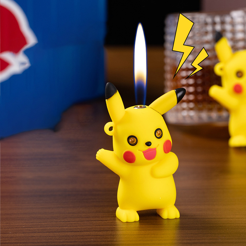 3D Pikachu Lighter Cartoon Doll Open Flame Butane Gas Lighter Yellow Cigarette Lighter