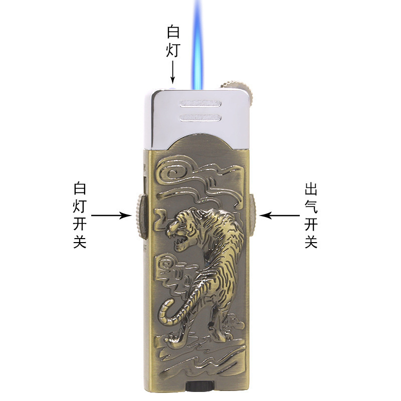 Embossed tiger sticker leather eagle with light butane gas lighter grinding wheel torch lighter