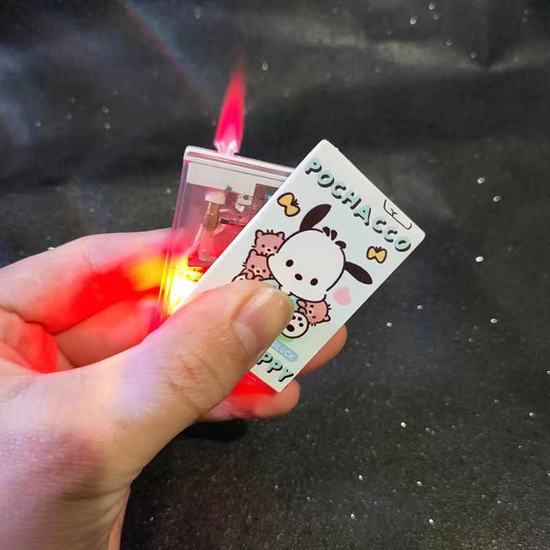 Hello Kitty Lighter With Mirror Flash Light Windproof Kuromi Lighter Inflatable Pink Flame Lighter