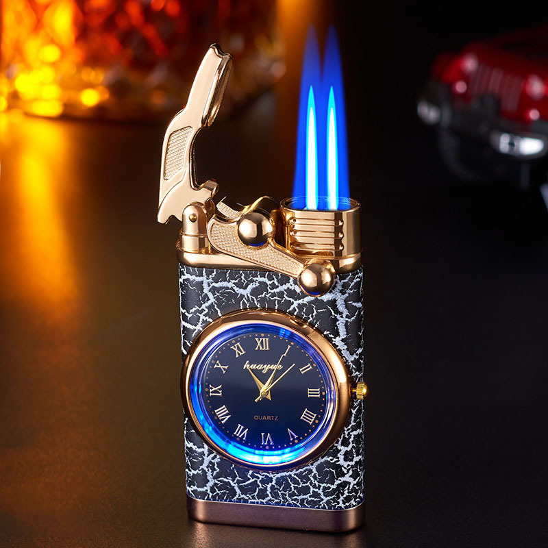 Rocker Arm Watch Cigarette Lighter Butane Gas Doule Blue Flame Torch Lighter With Fashion Dial