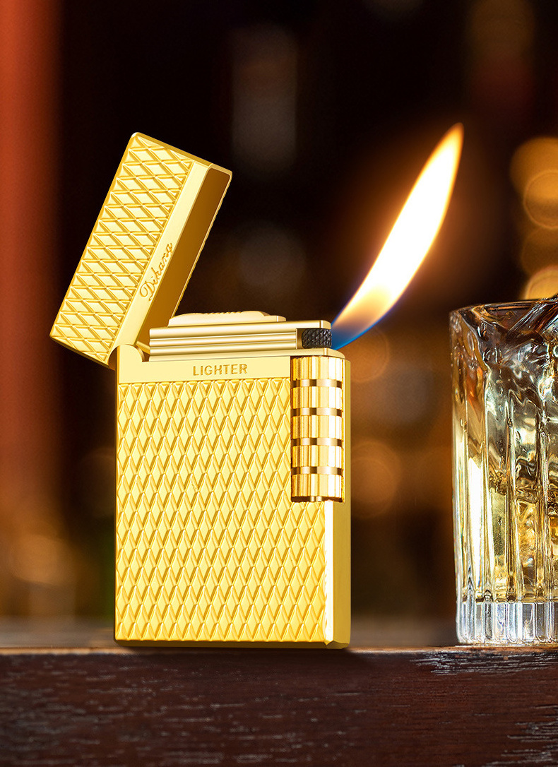 Steel sound side sliding wheel oblique fire lighter refilled butane gas diamond lattice high-grade pipe lighter