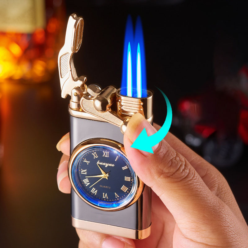 Rocker Arm Watch Cigarette Lighter Butane Gas Doule Blue Flame Torch Lighter With Fashion Dial