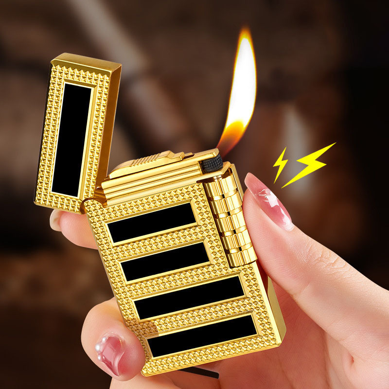 Steel voice lighter metal gas lighter oblique fire open flame gold silver striped lighter