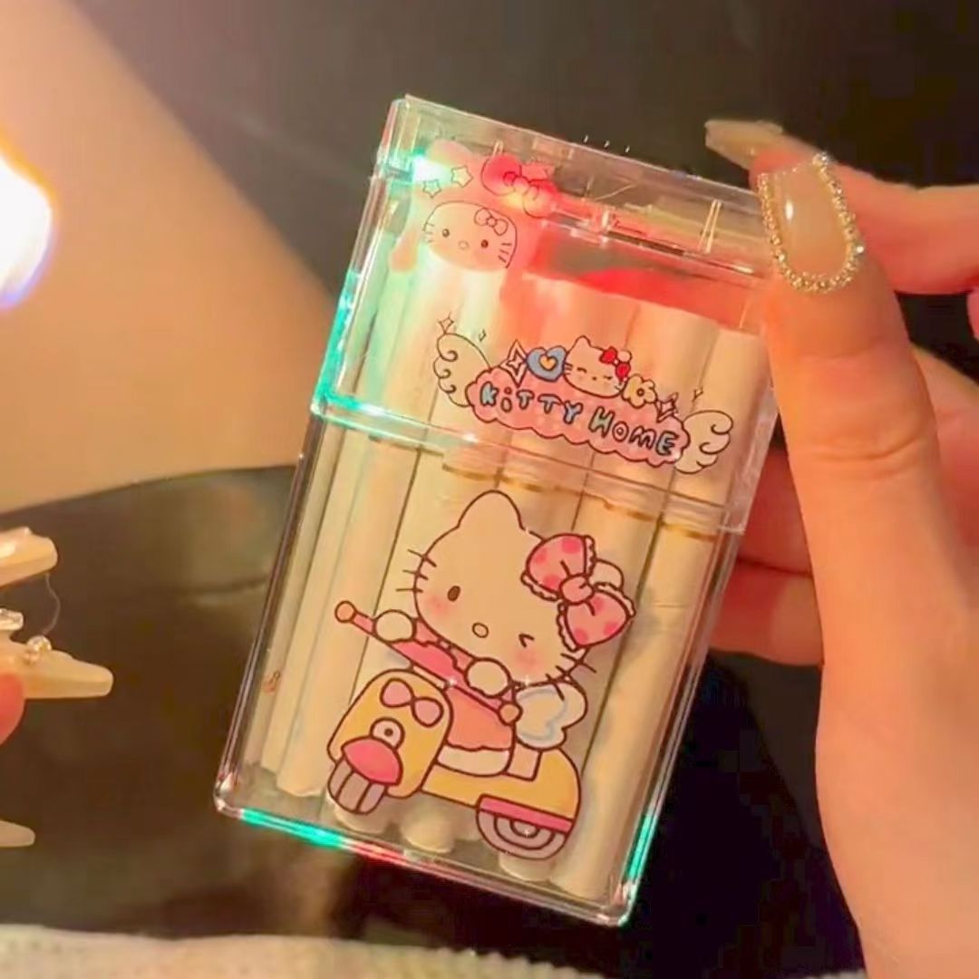 Cute cartoon hello kitty kuromi cigarette case usb lighter tungsten ignition transparent cigarette box