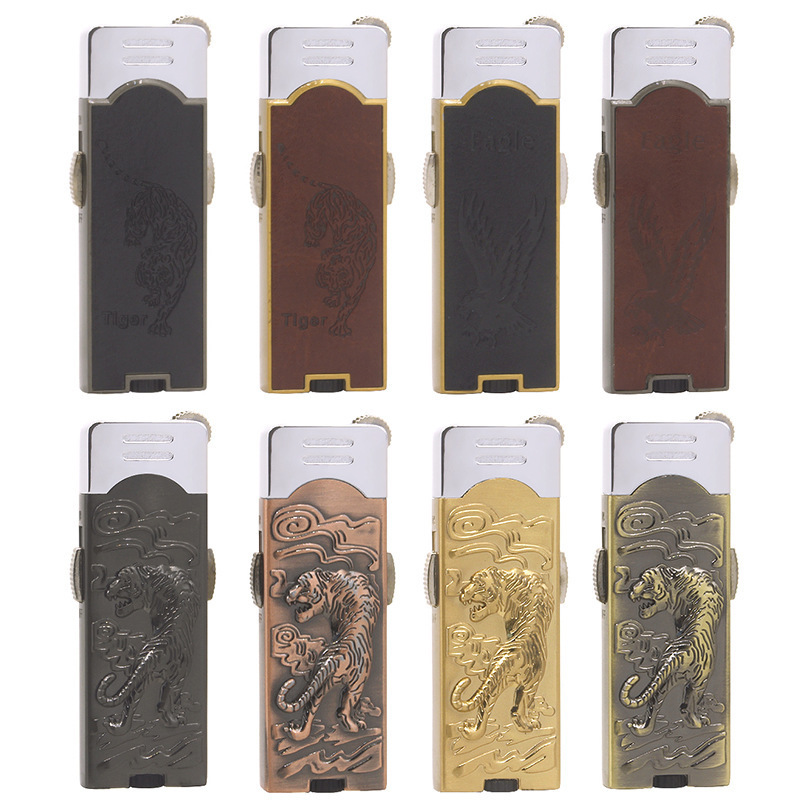 Embossed tiger sticker leather eagle with light butane gas lighter grinding wheel torch lighter