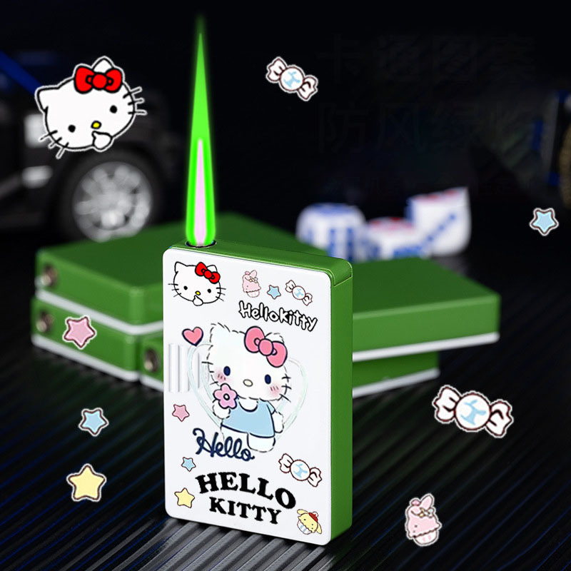 Cartoon Mahjong shape lighter green flame windproof hello kitty kuromi design women lighter