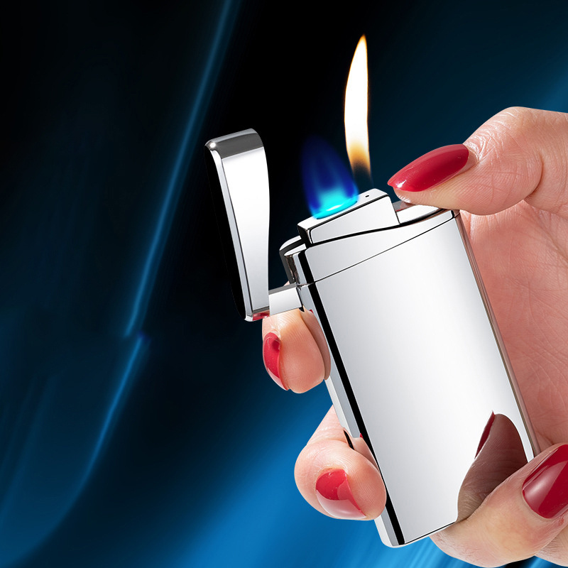 Support custom Flat blue flame to open flame double fire lighter windproof butane gas cigarette lighter