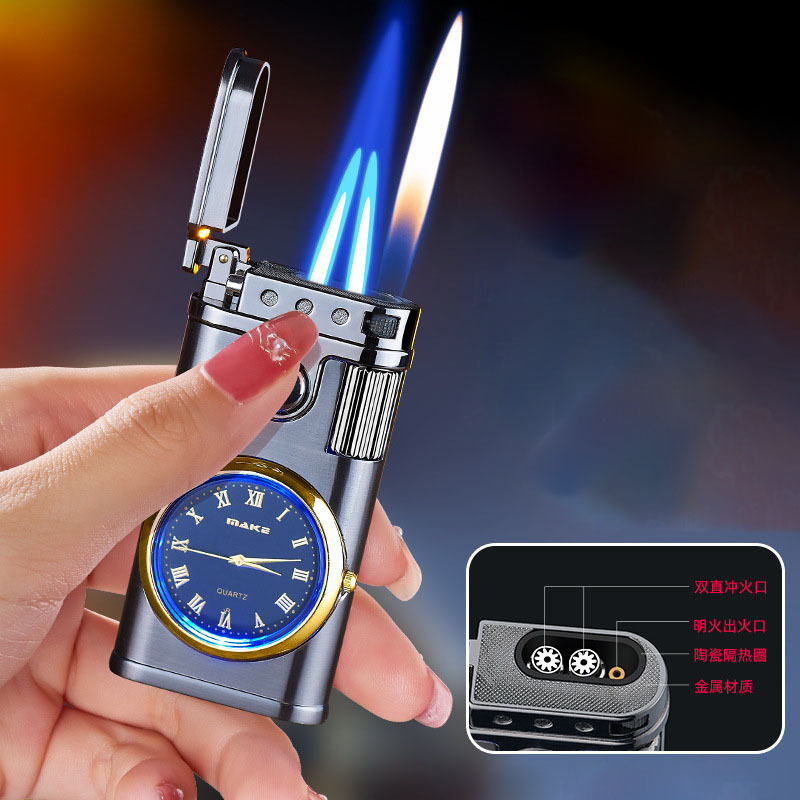 Three fire windproof quartz watch lighter dual blue flame and open flame gas lighter