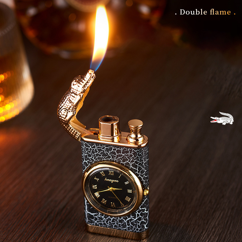 Crocodile double flame switch lighter windproof gas quartz watch lighter metal