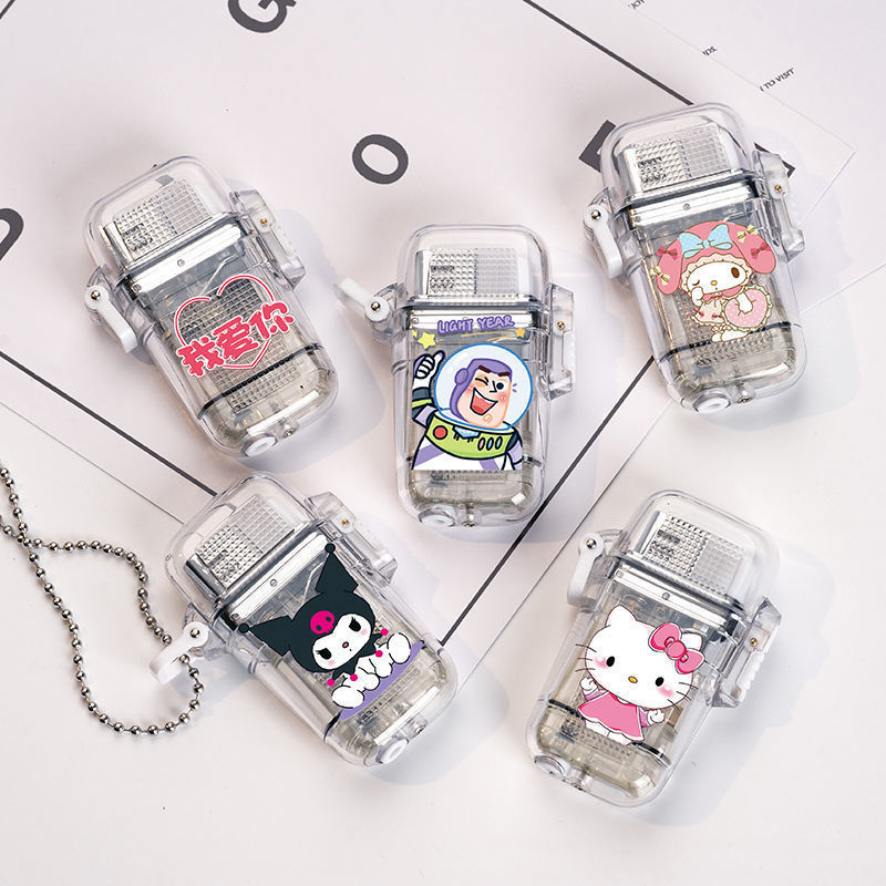 Sanrio transparent waterproof lighter hello kitty lighter with chain red flame lighter for girl