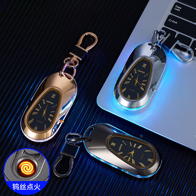 Quartz Dial Colorful Light Keychain Lighter USB Lighter Rechargeable Cigarette Clock Lighter