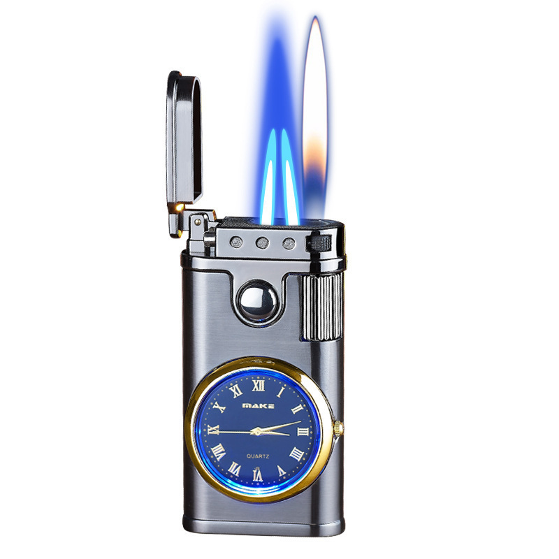 Three fire windproof quartz watch lighter dual blue flame and open flame gas lighter