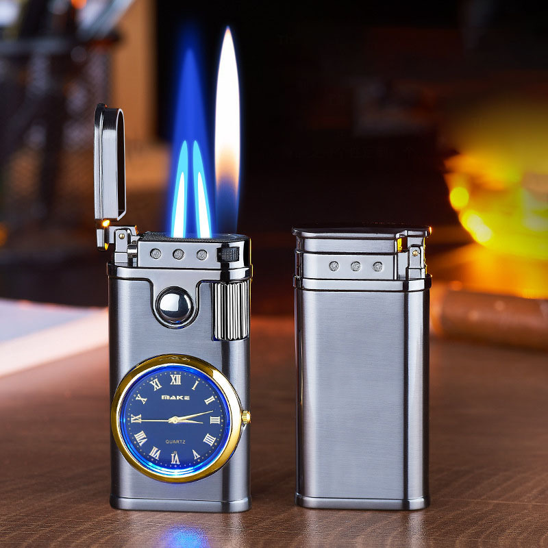 Three fire windproof quartz watch lighter dual blue flame and open flame gas lighter