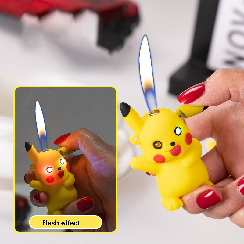 3D Pikachu Lighter Cartoon Doll Open Flame Butane Gas Lighter Yellow Cigarette Lighter