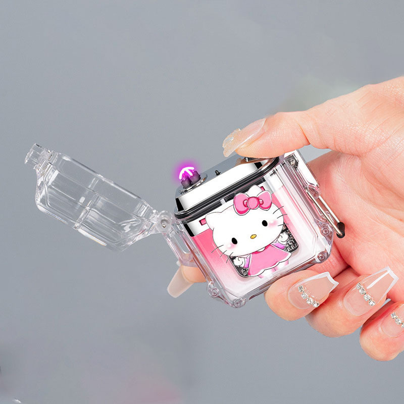 Waterproof Arc Lighter Pink Cartoon Kuromi Hello Kitty Outdoor With COB Lighting USB Rechargeable Lighter