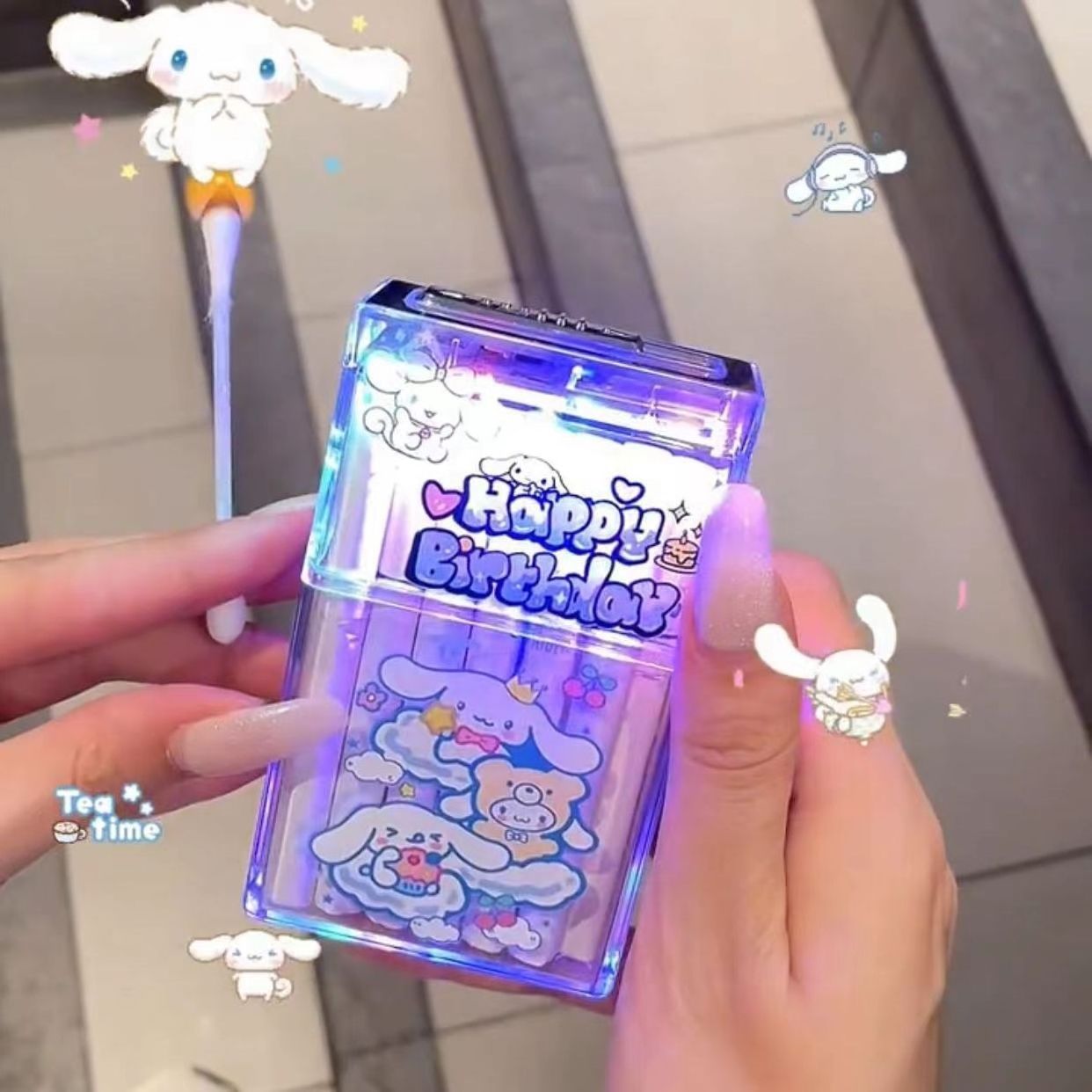 Cute cartoon hello kitty kuromi cigarette case usb lighter tungsten ignition transparent cigarette box