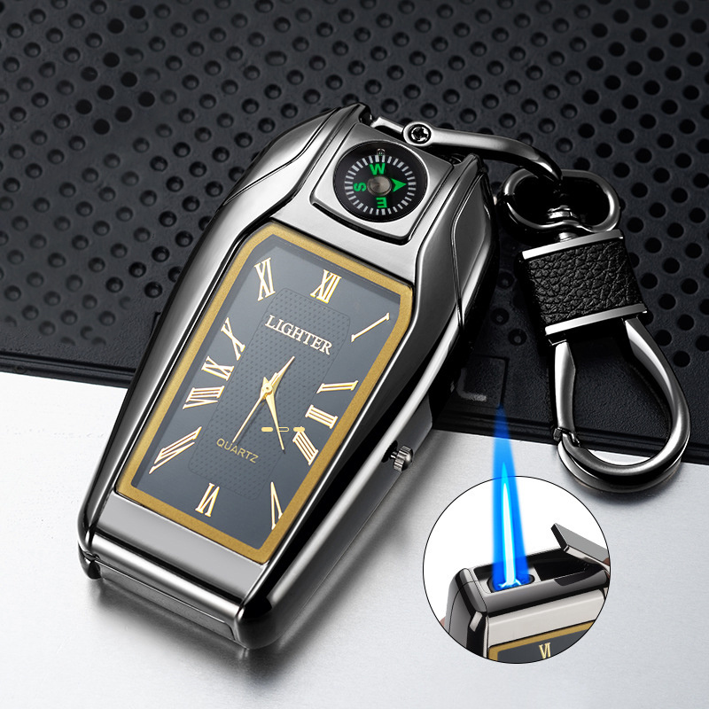 Fashion Watch Torch Lighter With Compass Keychain Pendant Multifunctional Gas Lighter For Men