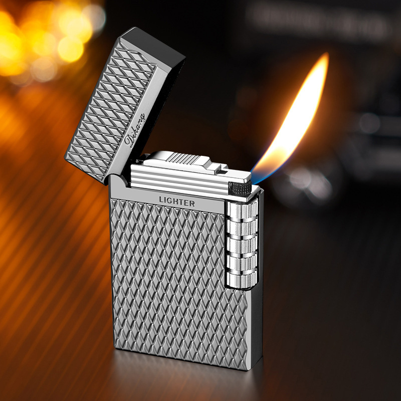 Steel sound side sliding wheel oblique fire lighter refilled butane gas diamond lattice high-grade pipe lighter