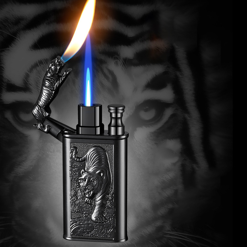 Tiger/Crocodile/Dragon/Wolf/Dolphin Lighter Embossed Double Fire Butane Gas Cigarette lighter