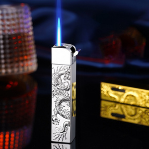 Embossed Dragon Lighter Metal Windproof Blue Flame Butane Lighter