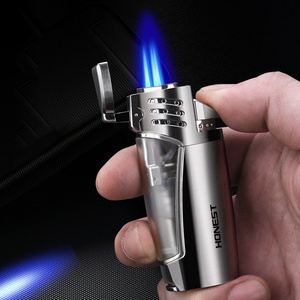 Honest Lighter With Cigar Cutter Three Flame Butane Gas Refilled Windproof Lighter