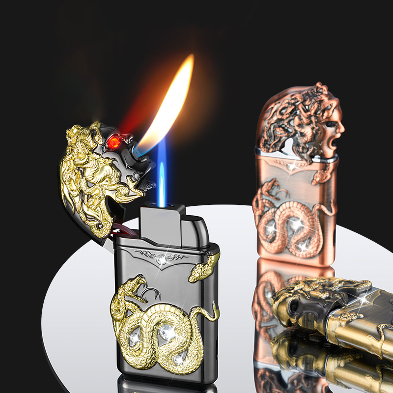 Emboss dragon lighter metal butane windproof blue flame and open flame luxury lighter