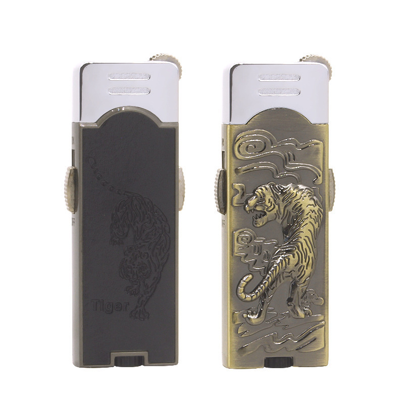 Embossed tiger sticker leather eagle with light butane gas lighter grinding wheel torch lighter