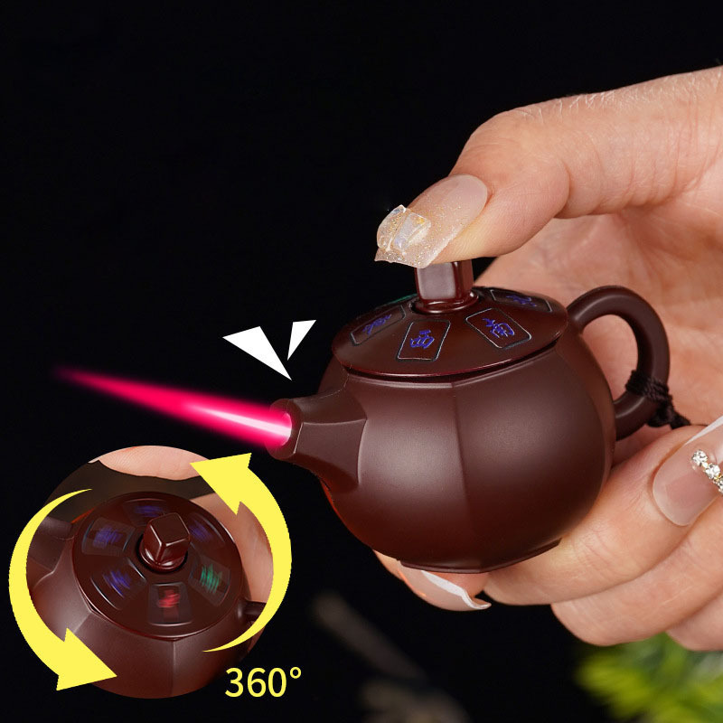 Purple clay teapot lighter metal windproof inflatable red flame creative gas lighter