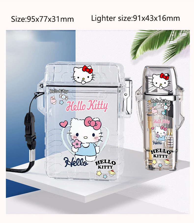 Hello kitty kuromi cigarette case and lighter set transparent cartoon butane gas red flame lighter