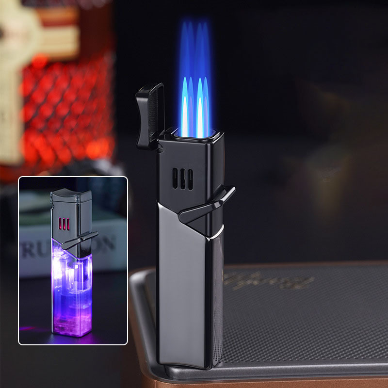 Four blue flame flash cigar lighter butane gas refillable jet torch lighter