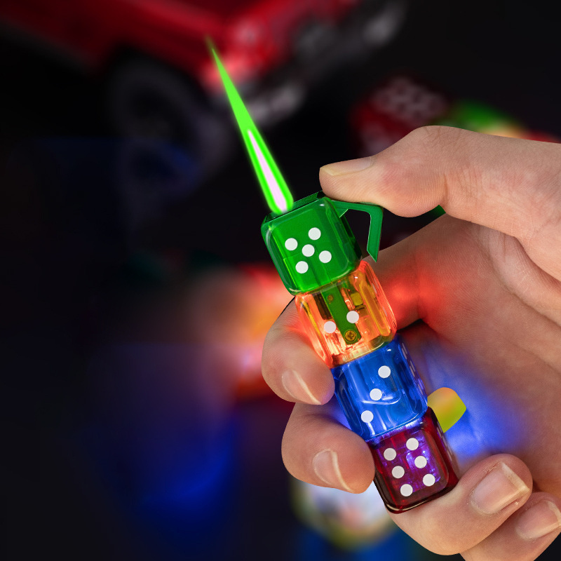 Flash Dice Green Flame Windproof Lighter LED Lights Cool Styling Butane Gas Cigarette Lighter