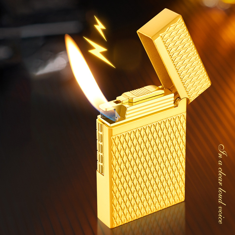 Steel sound side sliding wheel oblique fire lighter refilled butane gas diamond lattice high-grade pipe lighter