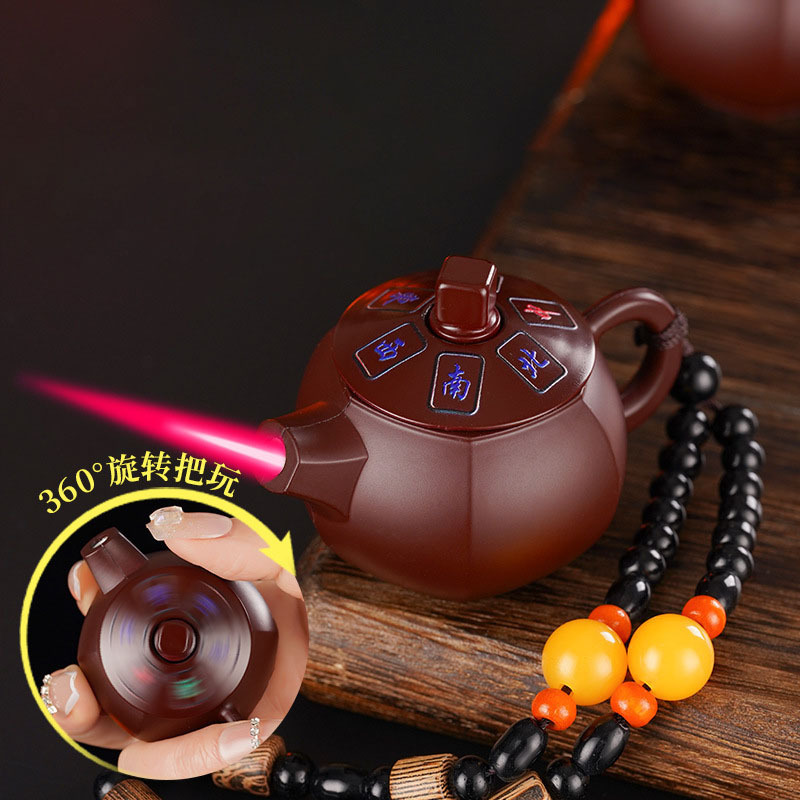 Purple clay teapot lighter metal windproof inflatable red flame creative gas lighter