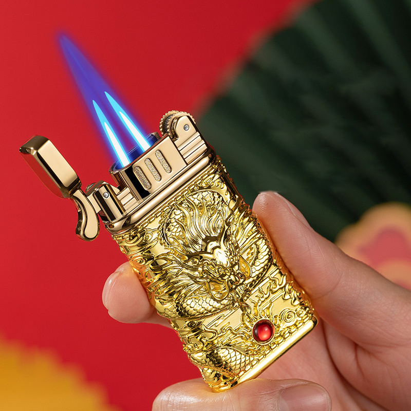 Dragon lighter butane gas double blue flame torch lighter windproof