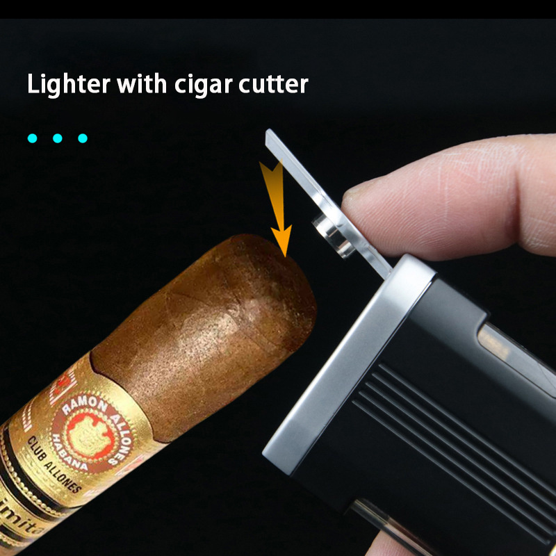 Wholesale cigar lighter High quality three blue fire torch lighter with cigar cutter windproof high power gas lighter