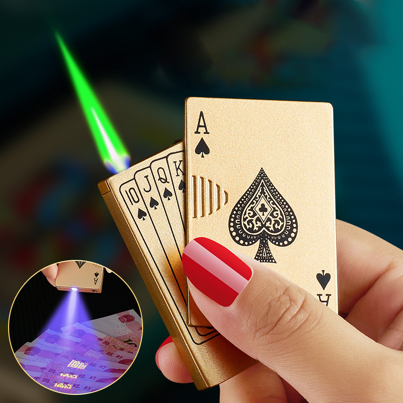 Poker with counterfeit bill detector lighter creative playing card lighter inflatable windproof green flame