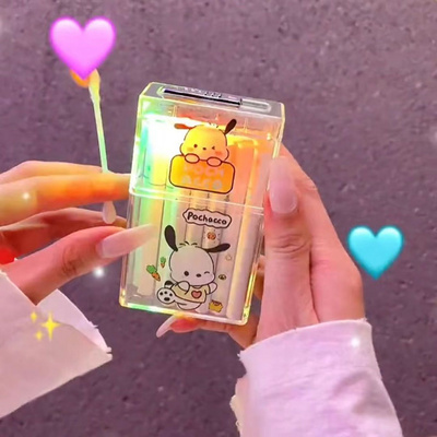 Wholesale Hello kitty kuromi puppy cigarette case rechargeable lighter  20pcs transparent cigarette box tungsten ignition