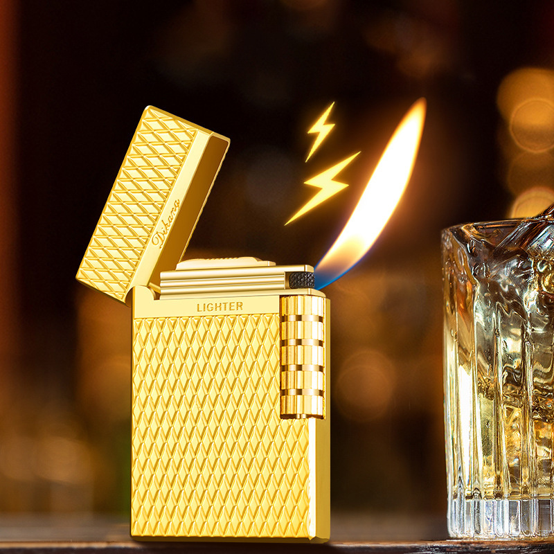 Steel sound side sliding wheel oblique fire lighter refilled butane gas diamond lattice high-grade pipe lighter