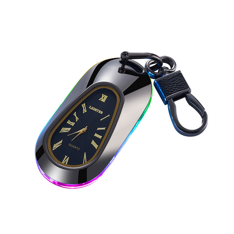 Quartz Dial Colorful Light Keychain Lighter USB Lighter Rechargeable Cigarette Clock Lighter